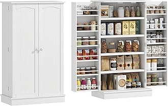 HOMCOM 41" Kitchen Pantry Storage Cabinet, Freestanding Kitchen Cabinet with 12 Door Shelves, Double Doors, 5-Tier Shelving and Adjustable Shelves, White