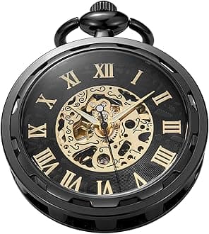 Uncovered Men's Mechanical Pocket Watch with Chain, Uncovered Roman Design Dial Chain Mechanical Pocket Watches for Men