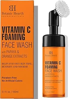 Vitamin C Foaming Face Wash With Papaya & Orange | Extracts Built|In Silicone Brush | For Cleansing & Glowing Skin | Paraben & Sulphate Free | Face Cleanser For Women & Men | 5.1 Fl Oz