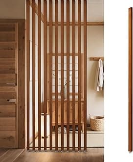 Room Divider Freestanding Wooden Partition - Floor to Ceiling Space Separator Panel for Restaurants, Offices, and Decor - Hollow Slats for Stairways and Porches
