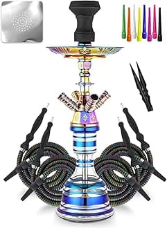 Hookah Set 23'' Shisha Complete Set Egyptian With Glass Vase, Silk Hose, Black Clay Bowl, Coal Tong, 50 Foil, 50 Hookah Disposable Tips (Matte black 4 HOSE)
