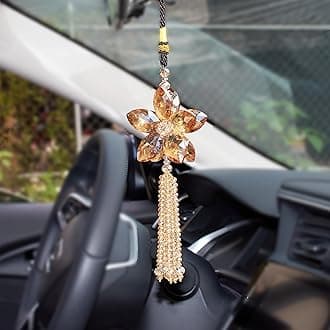 Crystal Flower Car Rear View Mirror Pendant Car Hanging Ornament Lucky Car Charm with Dangle Beads, Champagne