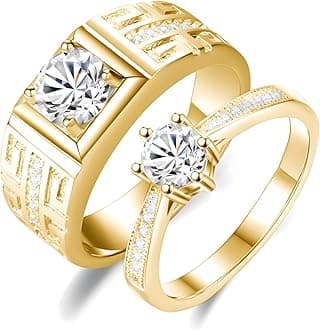 S925/10K 14K 18K Gold Couple Ring Sets, Round Cut Moissanite Couple Wedding Rings Set for Men and Women, Customized His and Hers Matching Promise Bands Engraving for Anniversary Engagement