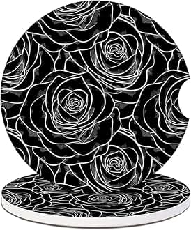 Car Cup Holder Coasters - Black Rose Absorbent Ceramic Coaster 2 Pack, Anti Slip Car Coasters for Cup Holders, Fashion Car Interior Accessories Drink Coaster for Women & Men