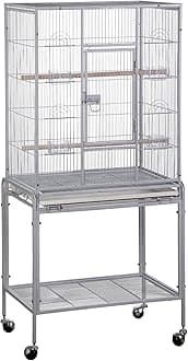 53-Inch Bird Flight Cage, Wrought Iron Standing Large with Rolling Stand for Cockatiels Pet Parrot Parakeet Lovebird Canary Finch (White)