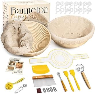 Sourdough Starter Kit, Banneton Bread Proofing Baskets Set, Sourdough Bread Baking Supplies Making Tools with Dough Scraper, Whisk, Bread Lame, Recipe