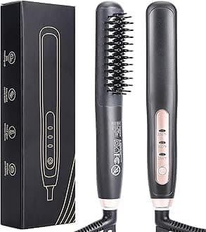 Premium Heated Beard Straightener for Men - Dual Action Brush Kit for Medium to Long Beards - Grooming Gift With Tourmaline Ceramic Brush & Hot Comb - Portable, Ionic Technology (Black)