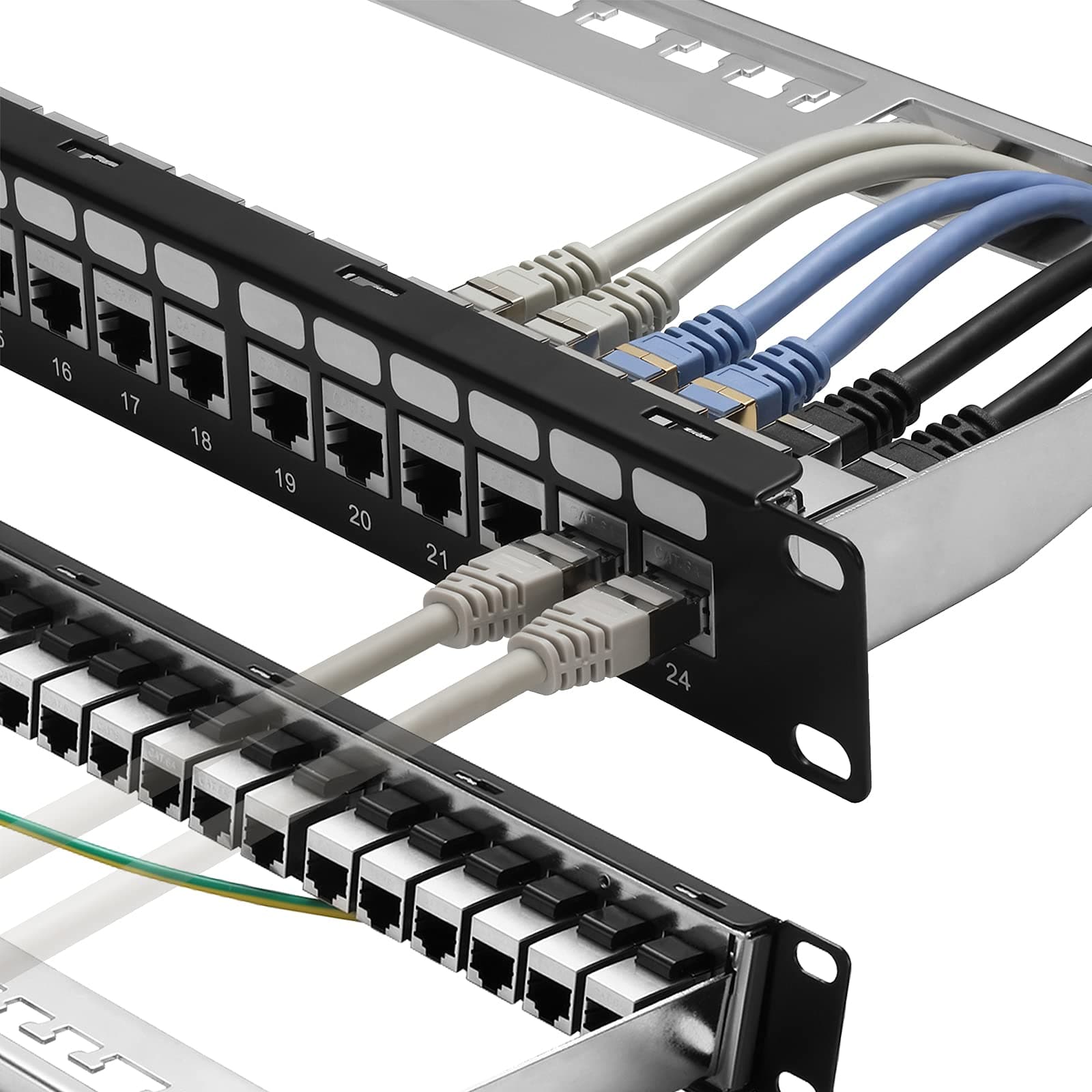 Rapink Patch Panel 24 Port Cat6A with Inline Keystone 10G Support, Coupler Patch Panel STP Shielded 19-Inch with Removable Back Bar, 1U Network Panel for Cat7, Cat6, Cat6A, Cat5e