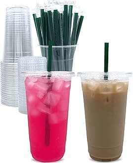 Aatriet 32 oz Clear Plastic Cups with Lids and STRAWS, Disposable Party Cups for To Go Iced Coffee Cold Drinks, Smoothie, Juice, Parfait, Frappuccino, Milkshake. No Leaking Fruit Cup, 25 Sets