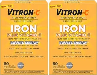Vitron-C Iron Supplement, Once Daily, High Potency Iron Plus Vitamin C, Support Red Blood Cell Production, Dye Free Tablets, 60 Count, 2 Pack