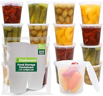 FreshwareFood Storage Containers [240 Set] 24 oz Plastic Deli Containers with Lids, Slime, Soup, Meal Prep Containers | BPA Free | Stackable | Leakproof | Microwave/Dishwasher/Freezer Safe