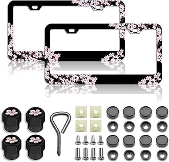 Cherry Blossoms License Plate Frame Premium Pink Flowers Steel License Plate Holder Compatible All Vehicle License Plate Tag Cover Fit Accessories Included (Pink)