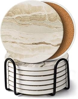 LlFVER Coasters Set of 8, Absorbent Drink Coaster with Holder, Marble Style Ceramic Stone Coasters for Drinks Coffee Tabletop Protection, Modern Furniture Coaster for Home Decor House Warming Gifts