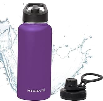 HYDRATE Insulated Stainless Steel Water Bottles 32 oz - Sports Bottles with Strap - Silicone Plastic Gym Drinking Flask - Slim Tumbler with Chug and Straw Lid - Thermal Water Bottle - Dark Purple