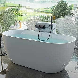 55"Acrylic Free Standing Tub,Classic Oval Shape Minimalist Bathtub,Modern Soaking Bathtub with cUPC Certified,Brushed Nickel Overflow&Drain(Glossy White)