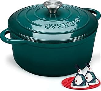 Overmont Enameled Cast Iron Dutch Oven - 7QT Pot with Lid Cookbook & Cotton Potholders - Heavy-Duty Cookware for Braising, Stews, Roasting, Bread Baking bottle green