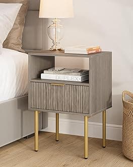 Masupu Night Stand,Mid-Century Modern Bedside Table with Storage Drawer and Open Wood Shelf,Small Gold Frame Side Table for Bedroom,Living Room, Grey