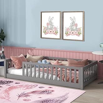Tatub Twin Floor Bed with Safety Guardrails and Door and Slats, Wood Kids Montessori Floor Bed Frame for Girls and Boys, Twin-Grey Without Door