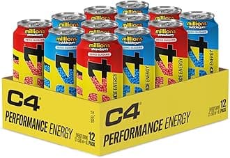 C4 Performance Energy Drinks Millions Bubblegum/Strawberry 500ml (12 Pack) | Sugar Free Energy Drink with 160mg Caffeine, 250mg Betaine, 1050mg Taurine | Low Calorie Fizzy Drinks for On The Go Energy