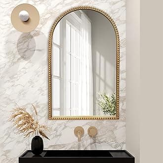 BAODANFU Traditional Wall Mirror Vintage Gold, 24" x 40" Tall Narrow Arch Antique Beaded Frame Decorative Accent Vanity Wall Decor, Arched Vertical Mirrors for Bathroom, Living Room, Entryway