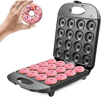 Angju Mini Donut Maker, 16 Holes Electric Doughnuts Maker Machine, Mini Pancake Maker for Kid-Friendly Breakfast, Snacks, Desserts & More with Non-stick Surface, Double-sided Heating
