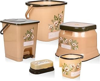 Kuber Industries Bathroom Set | Plastic Bathroom Combo Set | Bucket-Stool-Mug-Dustbin-Soap Holder Set for Bathroom | Modern Bath Set | Printed Bathroom Set | Set of 5 | Cream
