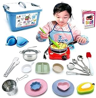 Kids Junior Tiny Real Easy Cooking Kitchen Set and Baking Kit - 22 Pc. Mini Stove Burner, Chef, Apron, Oven Mitt, Recipes - Easy Cook Real Food Utensils Gift for Boys and Girls Ages 6-12…