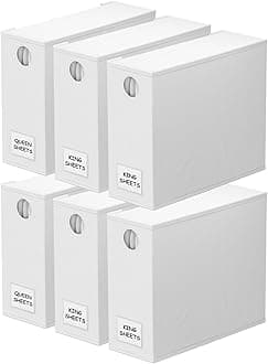 6 Pack Bed Sheet Organizers and Storage, Foldable Sheet Organizer for Linen Closet, Sheets Set Folder Keeper with Window XL (Queen & King Size) Bedding Container, (White, 6 Pack)