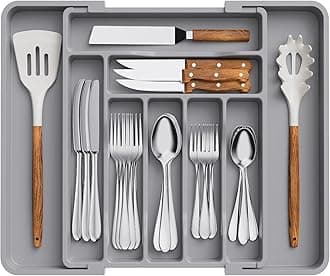 Lifewit Extendable Cutlery Drawer Organiser, Adjustable Cutlery Tray, Utensil Holder for Forks, Spoons, Knives, Plastic Kitchen Organiser and Storage, 9 Compartment, 30-50 x 38cm, Grey