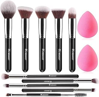 BEAKEY Diversity Makeup Brushes 12 Pcs Makeup Kit, Premium Synthetic Kabuki Foundation Face Powder Concealer Eyeshadow Blush Set, with 2 Pcs Blender Sponges (Black/Silver)