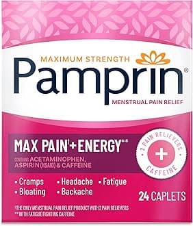 PamprinMaximum Strength Max Pain and Energy Formula, Menstrual Period Symptoms Relief for Cramps, Bloating and Fatigue, 24 Caplets