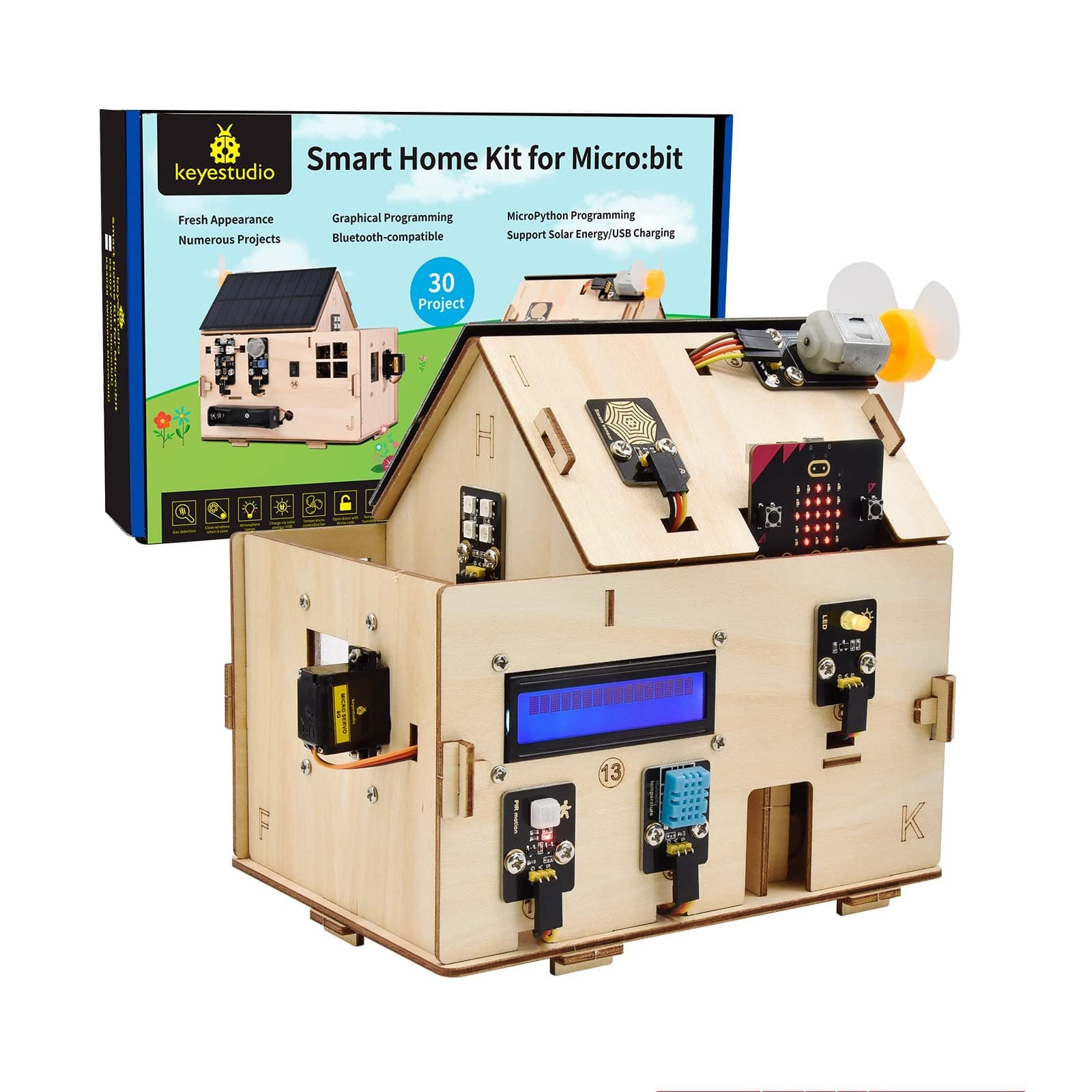 KEYESTUDIO Microbit Smart Home Starter Kit with Micro:bit V2, MakeCode Blocks & Python Code|Wireless Remote Control APP| Solar & Micro USB Charging|RGB,i2c LCD for Coding