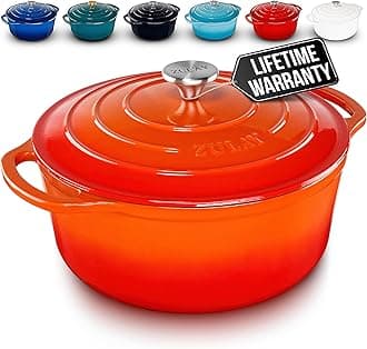 Zulay Kitchen6 Quart Enameled Cast Iron Dutch Oven with Lid, Silicone Trivet & Heat Pad – Premium Durability & Oven Safe up to 500°F – Heavy Duty Cookware Perfect for Bread Baking, Stews, Braising & Roasting – Orange