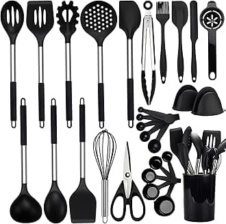 Kitchen Utensils Set, NCUE 28 Pcs Silicone Cooking Utensils Set with Holder, Spatula Set, Silicone Whisk, Scissors, Measuring Cups and Spoons Set with Stainless Steel Handle Kitchen Gadgets (Black)