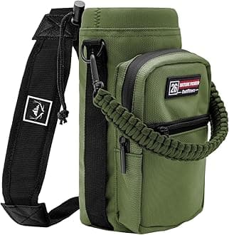 Water Bottle Holder with Adjustable Strap - 26/32/36/40/46/64oz Insulated Water Bottle Sling Carrier with Paracord Handle & 2 Pockets, Outdoor Sports, Hiking, Camping, Gym