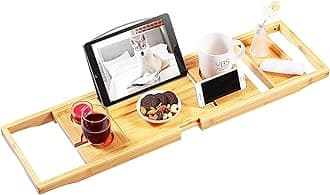 VaeFae Bamboo Bathtub Caddy Tray, Expandable Bath Tray for Tub with Upgraded Wine Slot and Book Holder, Perfect for 1 or 2 Person