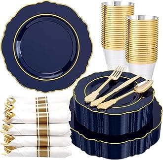 350PCS Navy Blue Plastic Plates-Disposable Blue Gold Plates 50guest Plastic Dinnerware include 100Plates,50Pack Pre Rolled Napkins with Silverware 50Cups for Martin Luther King Jr