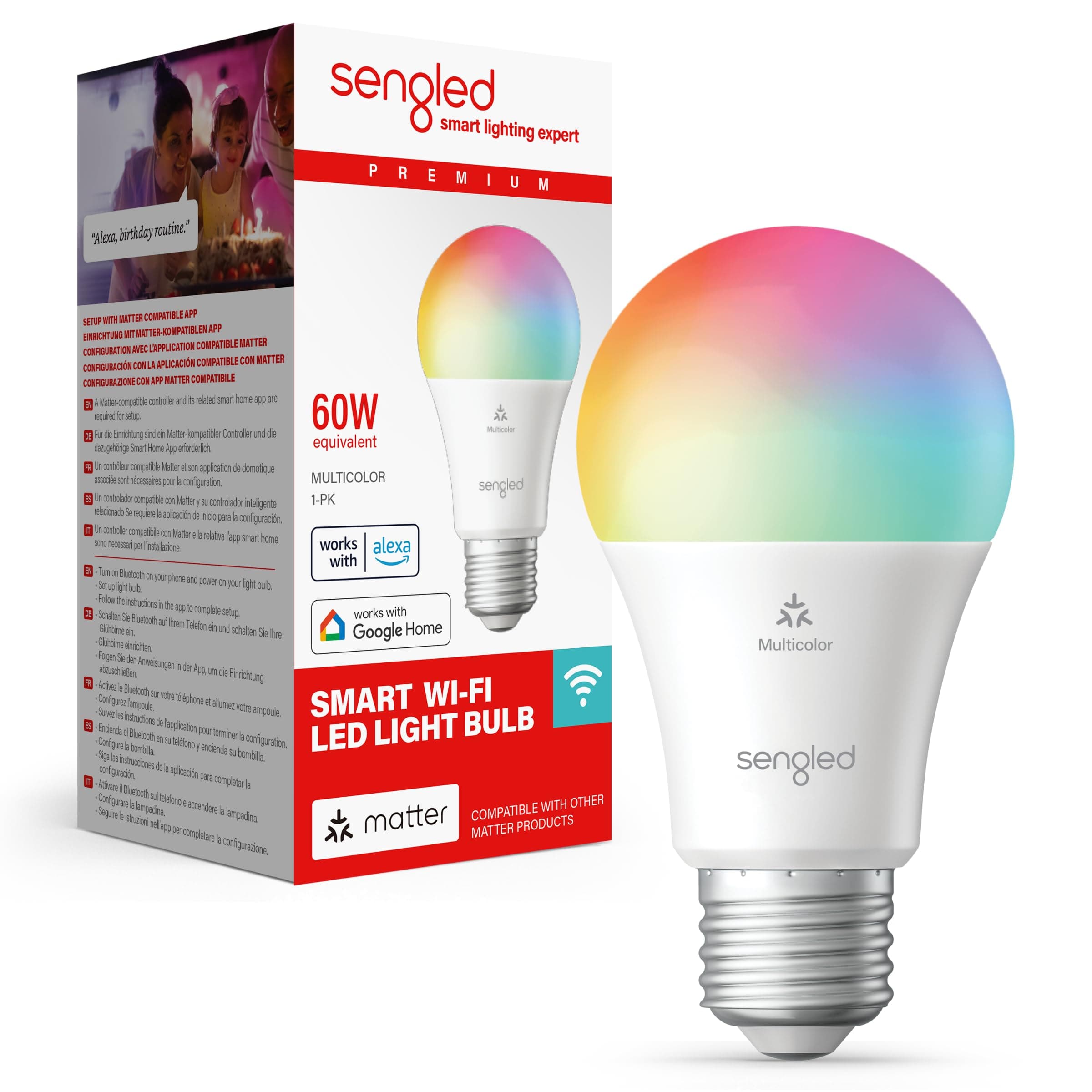 Sengled Smart LED Light Bulb (E27), Matter and Alexa Enabled, Multicolor, 60W Equivalent, 800lm, Instant Pairing, Needs Matter Compatible Platform, 2.4GHz, Wi-Fi