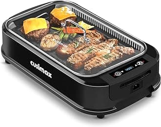 Smokeless Grill Indoor, CUSIMAX Electric Grill, 1500W Portable Korean BBQ Grill with LED Smart Display & Tempered Glass Lid, Non-stick Removable Plate, Dishwasher Safe, Black