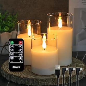 Rechargeable Flameless Candle, Flashing LED Pillar Real Wax Candle with Remote Control and Timer, Upgraded Teardrop Wick, Clear Glass Electronic Candles, 1 Set of 3