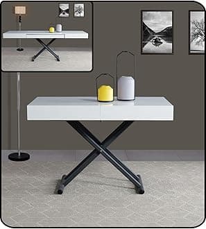 VOLERO' ; Table Lift-top Coffee to Dining Table,Transformable Space-Saving Table, Achille Large Model, Sliding Mechanism with Millimeter Height Adjustment. (White Top, Sandblasted Gray Legs)