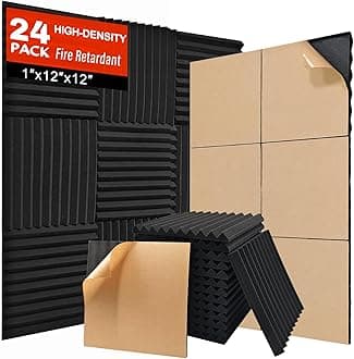 Acoustic Panels 24 Pack Soundproof Wall Panels 1" X 12" X 12" Sound Proof Foam Panels with Self Adhesive Noise Cancelling Soudproofing Wedge High Density Sound Absorbing for Studio Home Black