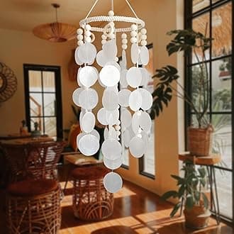 Capiz Shell Wind Chime, Shell Wind Chimes for Outside, Sea Glass Seashell Windchimes Outdoors, Unique Outdoor Boho Decor for Patio Garden Balcony Porch, 7" W X 23" H, Remmdan