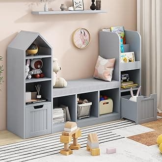 Vabches Toy Storage Organizer for Kids Bookshelf with Reading Nook, Multifunctional Bookcase with 7 Storage Cubbies, 2 Movable Drawers and Seat Cushion for Keeping Kids' Toys Books Organized, Grey