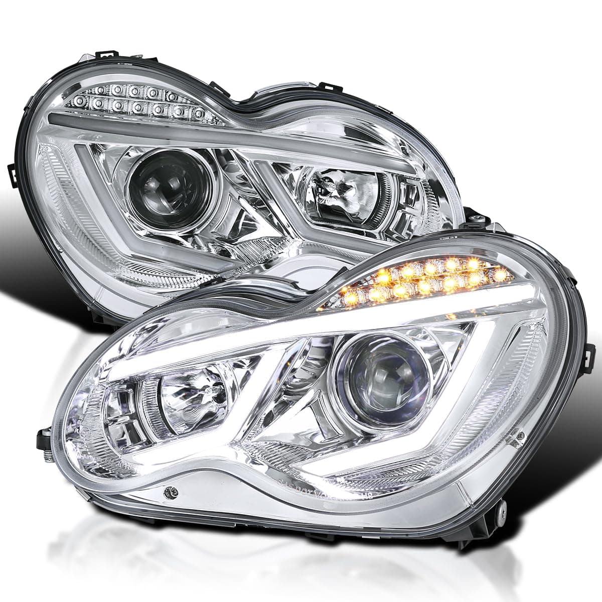 Chrome LED Projector Headlights Compatible with 2001-2007 Mercedes-Benz W203 C-Class Sedan, Left + Right Pair Headlamps Assembly