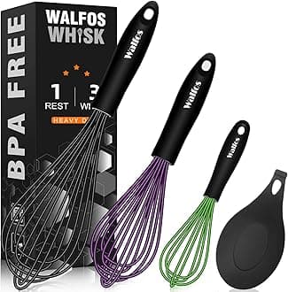 Silicone Whisks Set With 8in Rest, Walfos Non Scratch Coated 7.5+9+11in Whisks for Nonstick Cookware, Rest for Kitchen Counter Balloon Egg Wisk Perfect for Blending, Baking, Beating, Set of 4.