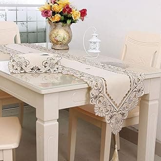 LeLehome 15 Inch X 58 Inch Classic Table Runner, Flowers Embroidery Satin Floral Dresser Scarf Beige Party Home Kitchen Dining Decor Tapestry - Brown Flower
