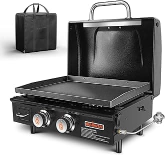 QuliMetal Tabletop Grill Portable Griddle with Hood Non-Stick Flat Top Grill Griddle Propane Grill with Carry Bag 22 Inch, 48,000 BTU, 348 Sq, 2 Burners, Ceramic Coating Cast Iron Pan