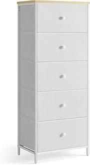 SONGMICS Chest of Drawers Bedroom, Drawer Storage Unit, Dresser with 5 Fabric Drawers, Metal Frame, Tall and Slim, for Closet, Camel Yellow and Cream White LTS315W01