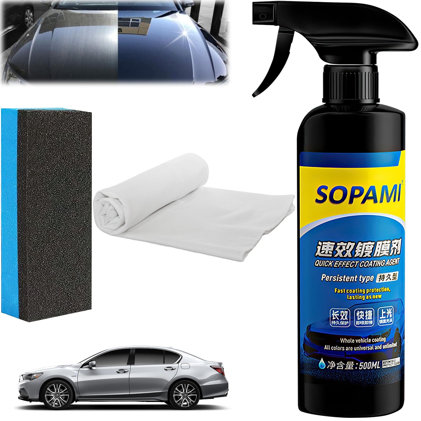 Sopami Car Coating Spray,Quick Effect Coating Agent,Quickly Coat Car Wax,Multi-Functional Coating Renewal Agent Spray,Car Scratch Wax Polish Spray Waterless Wash,Oil Film Emulsion Glass Cleaner